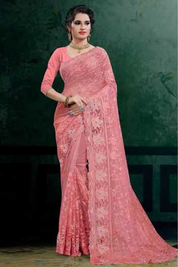 Net Embroidery Saree In Pink Colour - SR4690245