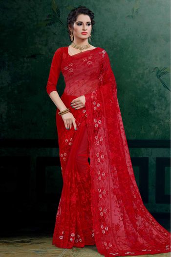 Net Embroidery Saree In Red Colour - SR4690240