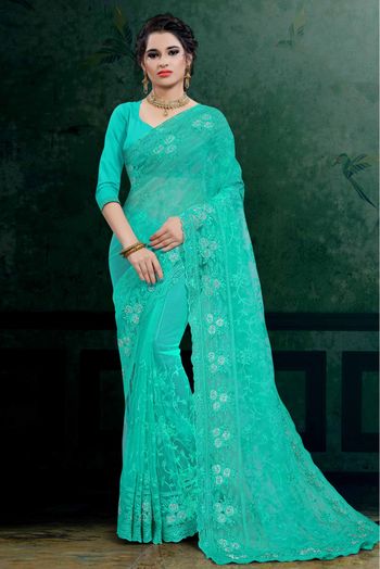 Net Embroidery Saree In Sea Green Colour - SR4690244