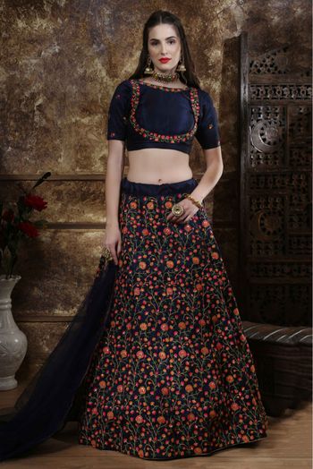 Thai Silk Embroidery Lehenga Choli In Navy Blue Colour