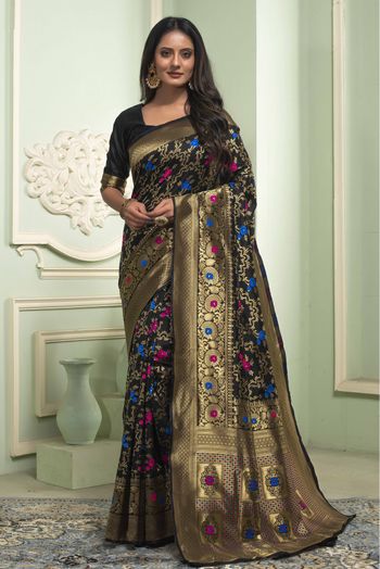 Banarasi Silk Woven Saree In Black Colour - SR1356108