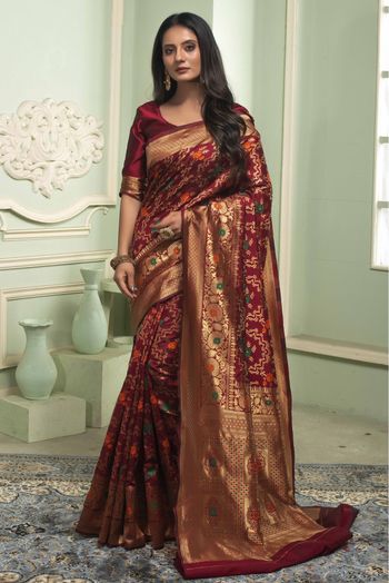 HOUSE OF BEGUM Womens Maroon Kubera Pattu Silk Saree With Blouse Piece –  F2FMART.com