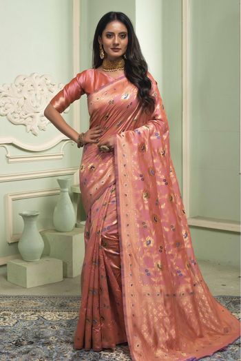 Banarasi Silk Woven Saree In Peach Colour - SR1356128