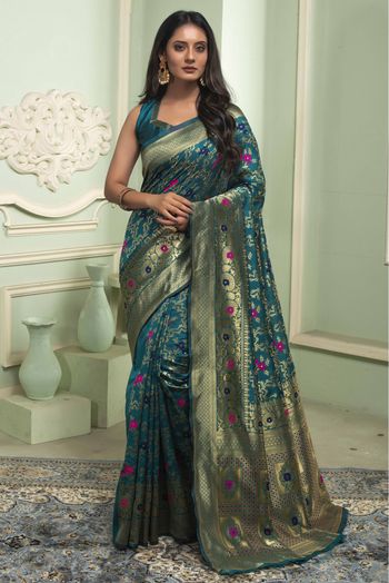 Banarasi Silk Woven Saree In Teal Colour - SR1356110