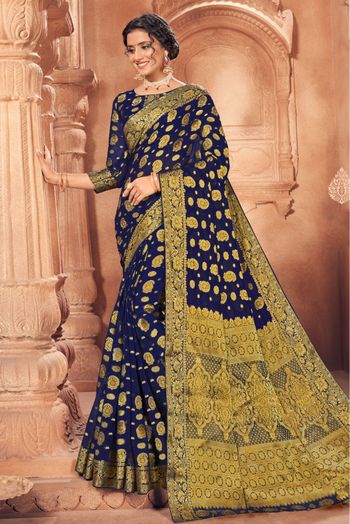 Georgette Designer Trendy Saree in Navy Blue -