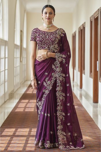 Crepe Designer Saree In Purple Colour
