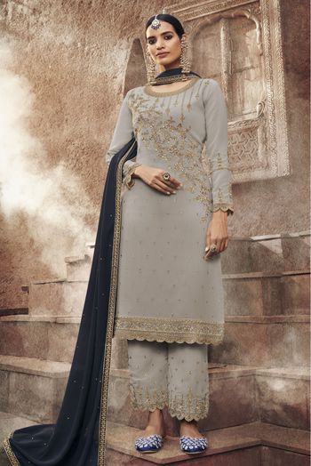 Georgette Embroidery Palazzo Pant Suit In Grey Colour - SM1356249