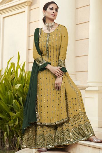 Georgette Embroidery Palazzo Pant Suit In Mustard Colour - SM4451757