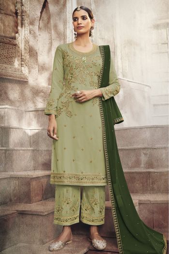 Georgette Embroidery Palazzo Pant Suit In Pista Green Colour - SM1356251