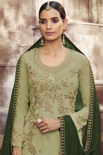 Georgette Embroidery Palazzo Pant Suit In Pista Green Colour - SM1356251