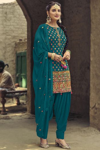 Georgette Embroidery Patiala Suit In Teal Colour