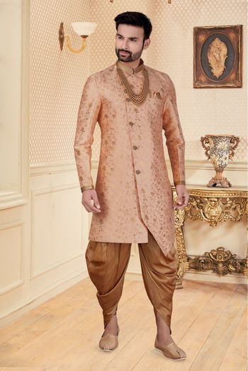 Jacquard Dhoti Sherwani In Peach Colour