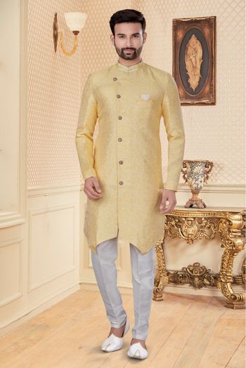 Jacquard Sherwani In Lemon Yellow Colour