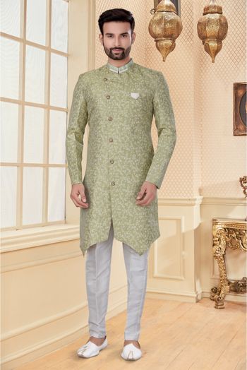 Jacquard Sherwani In Light Green Colour