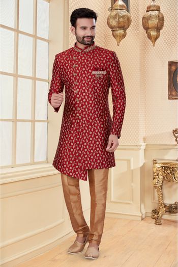 Jacquard Sherwani In Maroon Colour - SH4120415