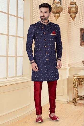 Jacquard Sherwani In Navy Blue Colour - SH4120399