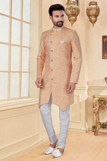 Jacquard Sherwani In Peach Colour