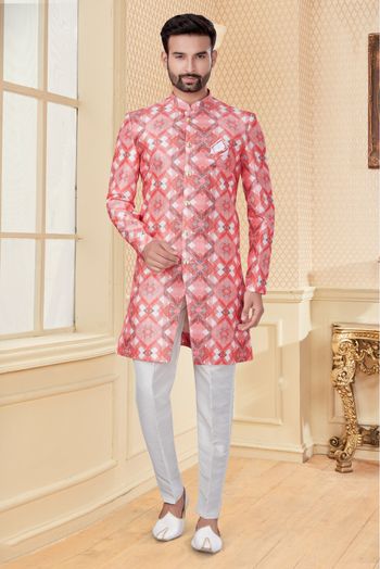 Jacquard Sherwani In Peach Pink Colour