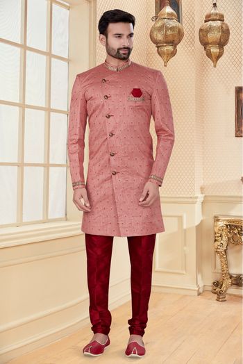 Jacquard Sherwani In Pink Peach Colour