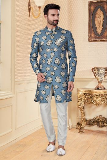 Jacquard Sherwani In Sky Blue Colour - SH4120390