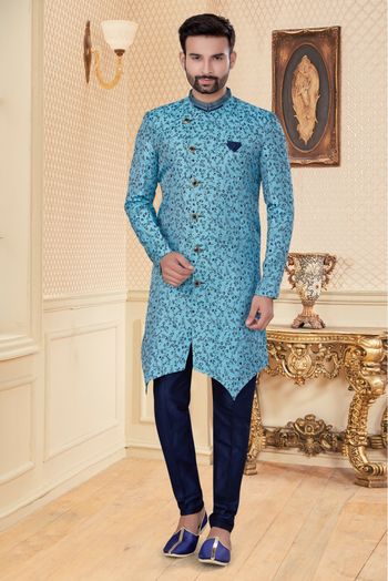 Jacquard Sherwani In Sky Blue Colour - SH4120409