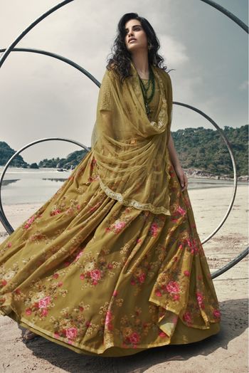 Organza Printed Lehenga Choli In Olive Green Colour