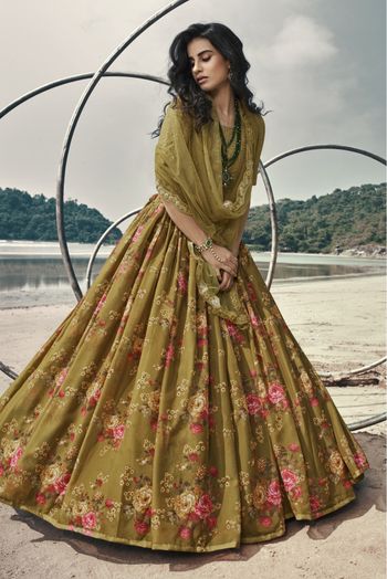 Organza Printed Lehenga Choli In Olive Green Colour