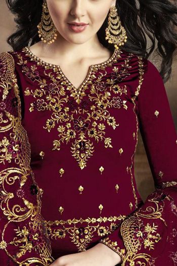 Silk Blend Embroidery Sharara Suit In Dark Maroon Colour