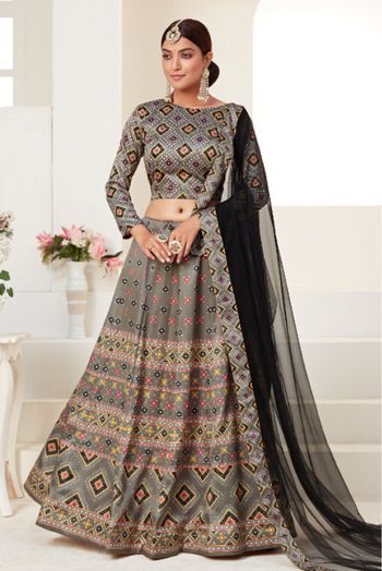 Silk Digital Print Lehenga Choli In Grey Colour - LD3880300