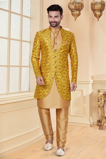 Silk Dupion Indo Western In Chikoo And Yellow Colour