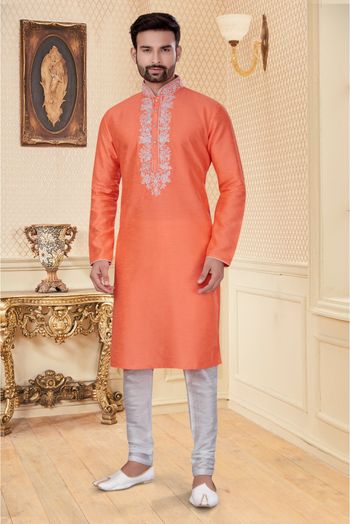 Silk Dupion Kurta Pajama In Light Orange Colour