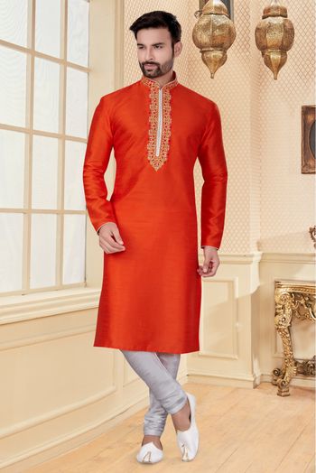 Silk Dupion Kurta Pajama In Orenge Colour