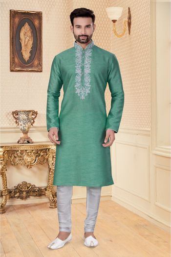 Silk Dupion Kurta Pajama In Sea Green Colour