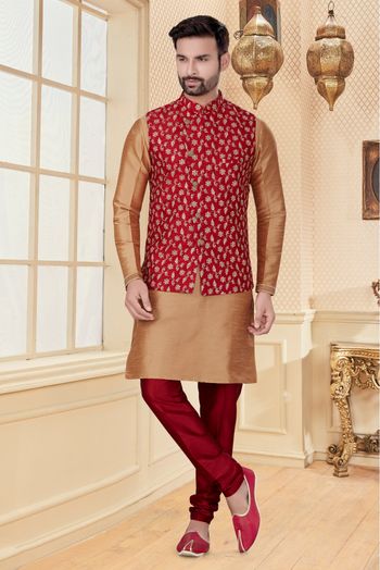Silk Dupion Kurta Pajama With Jacket In Chikoo And Maroon Colour