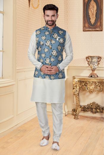 Silk Dupion Kurta Pajama With Jacket In White And Blue Colour