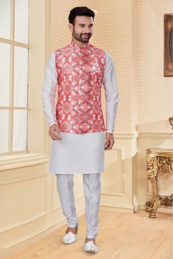 Silk Dupion Kurta Pajama With Jacket In White And Pink Colour