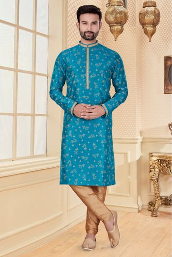 Silk Kurta Pajama In Firozi Blue Colour