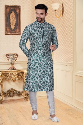 Silk Kurta Pajama In White And Green Colour