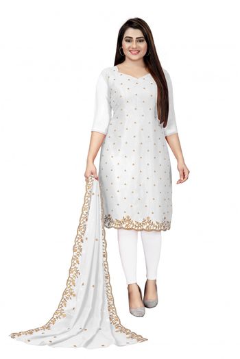 Unstitched Georgette Thread Work Churidar Suit In White Colour - US3233801