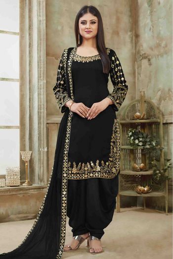 Art Silk Embroidery Patiala Suit Black Colour