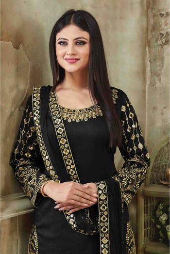 Art Silk Embroidery Patiala Suit Black Colour