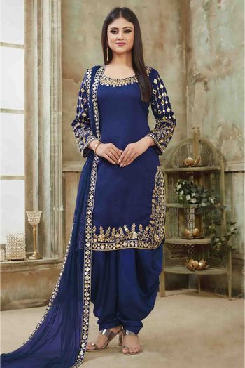 Art Silk Embroidery Patiala Suit Blue Colour