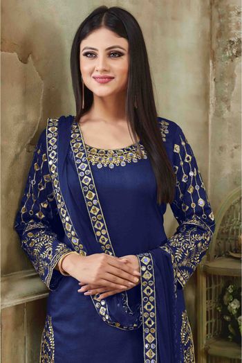 Art Silk Embroidery Patiala Suit Blue Colour