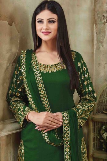 Art Silk Embroidery Patiala Suit Green Colour