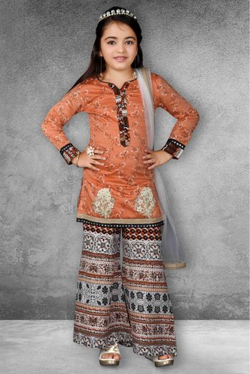 Chanderi Silk Printed Sharara Suit In Peach Colour