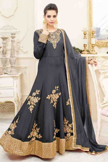 Chiffon Anarkali Suit In Grey Colour