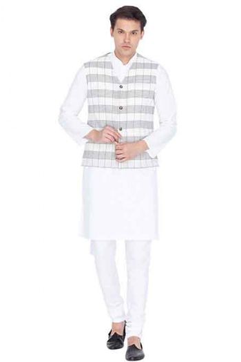 Cotton Blend Party Wear Kurta Pajama With Jacket In White Colour