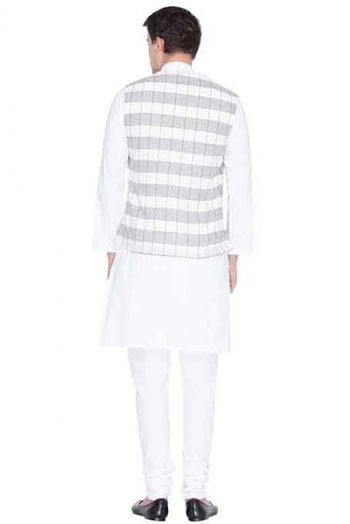 Cotton Blend Party Wear Kurta Pajama With Jacket In White Colour