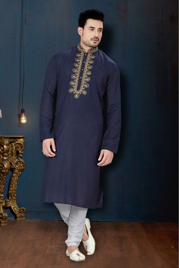 Cotton Party Wear Kurta Pajama In Navy Blue Colour - KP4120123