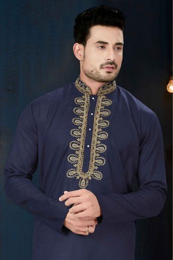 Cotton Party Wear Kurta Pajama In Navy Blue Colour - KP4120123